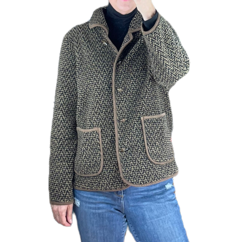 Orvis Women's Fleece Jacket Brown Black Wooden Toggle Buttons Medium